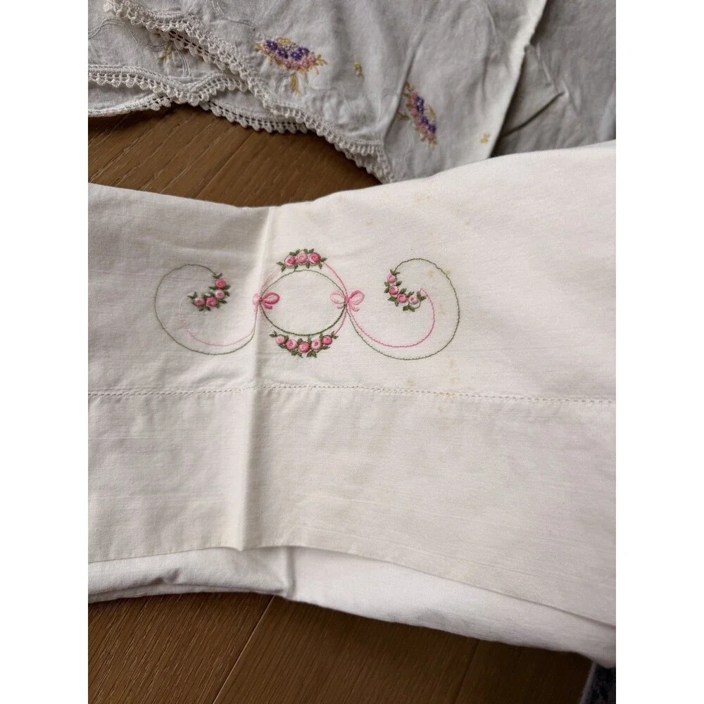 Vintage Handmade Embroidered Standard Pillowcases Lot 3 Floral ￼
